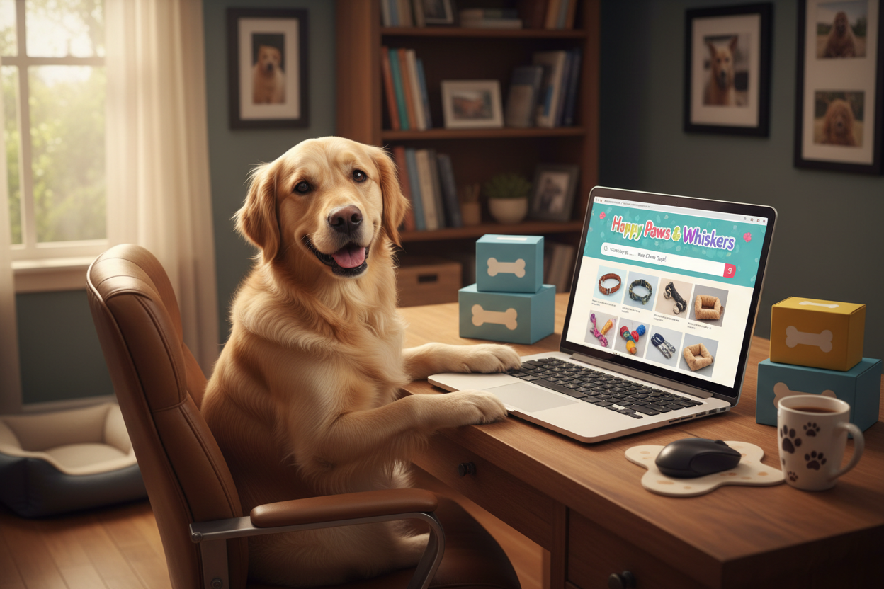 a dog using a laptop to purchase on happy paws & whiskers